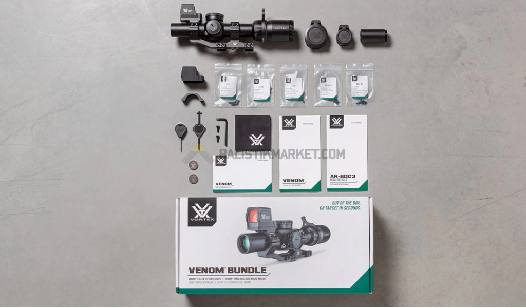 Vortex Venom 1-6x24 SFP AR-BDC3 (MOA) Tüfek Dürbünü + Venom 3 MOA Red Dot + Sport Mount Bundle 