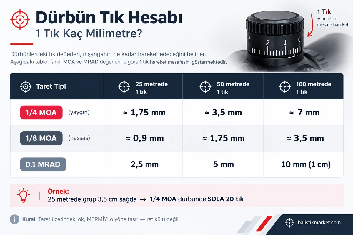Dürbün tık hesabı çizelgesi: MOA ve MRAD değerleri