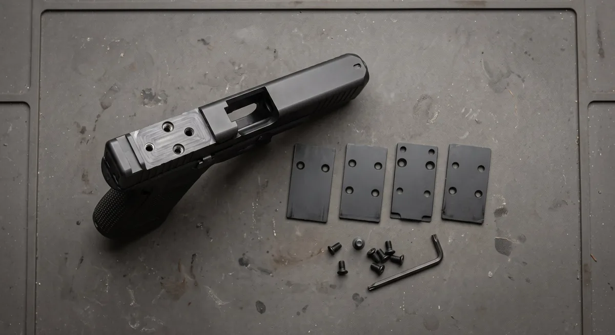 Kapak plakası sökülmüş Glock MOS kızağı ve yanında numaralı montaj plakaları